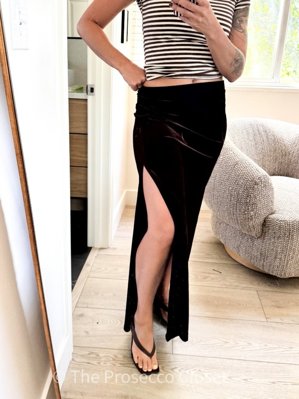 90s Vintage Tadashi Collection Chocolate Brown Velvet Maxi Skirt High Slit (S)